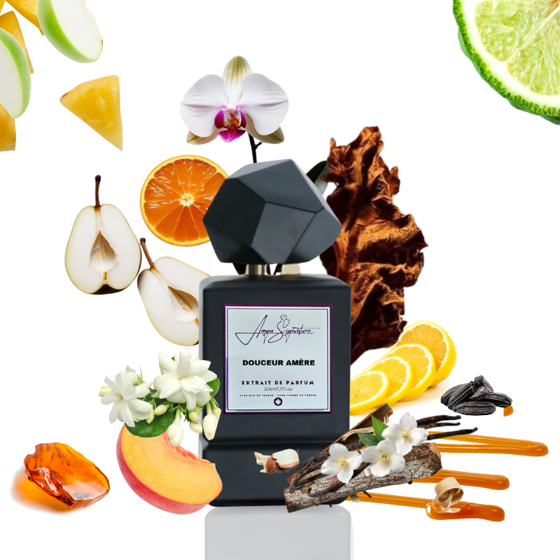 Douceur Amère extrait de parfum bottle surrounded by citrus fruits, vanilla, peach, and cardamom notes – highlighting its signature accords.