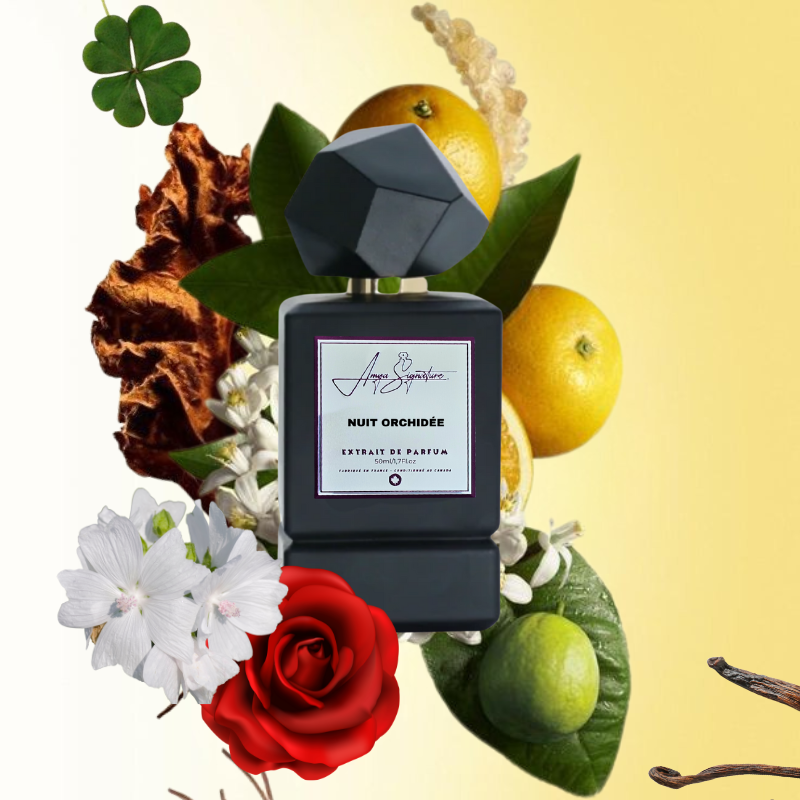 Nuit Orchidée parfum fragrance bottle surrounded by ylang-ylang, patchouli, jasmine, and sandalwood – showcasing a sensual nighttime floral scent profile.