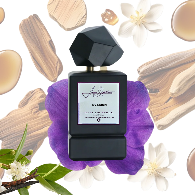 Evasion extrait de parfum bottle surrounded by eucalyptus, violet, sandalwood, and star anise – showing the scent’s signature woody and fresh accords.