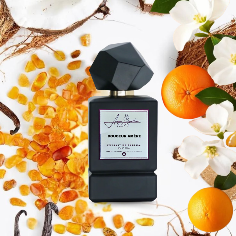 Artistic layout of L’HORIZON bottle surrounded by its lush notes—jasmine, vanilla, blackcurrant, and coconut. A visual scent journey in one image.
