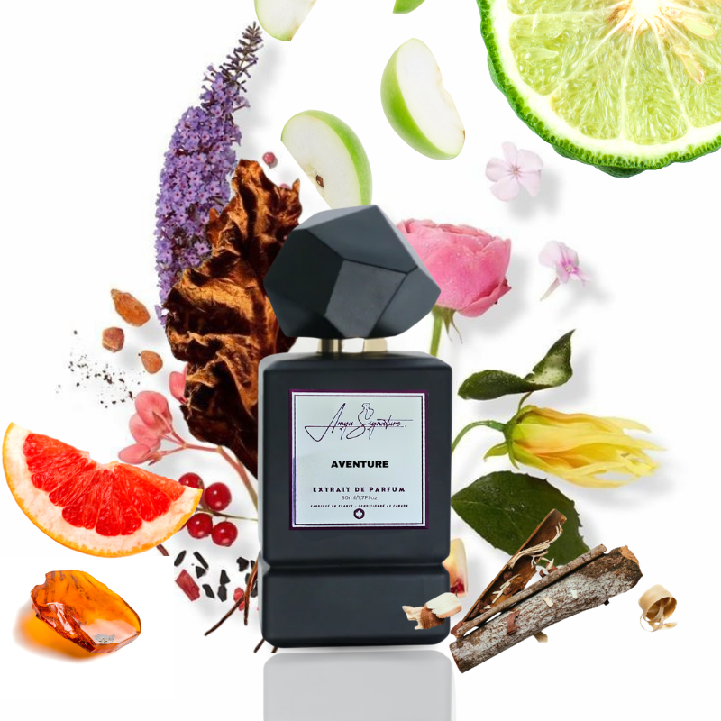 AVENTURE fragrance bottle showcasing top, middle, and base notes – bergamot, patchouli, cedarwood, musk, and amber

