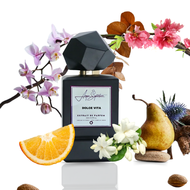 DOLCE VITA extrait de parfum bottle surrounded by pear, iris, jasmine, and praline.