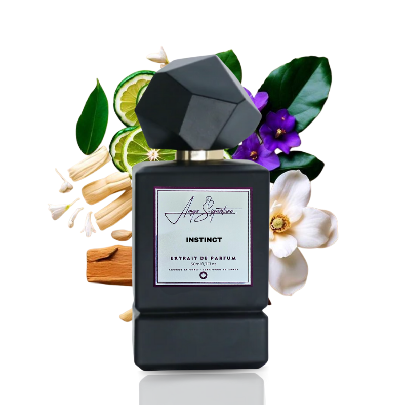 INSTINCT fragrance bottle with scent notes – lavender, tobacco, vanilla, cedar.