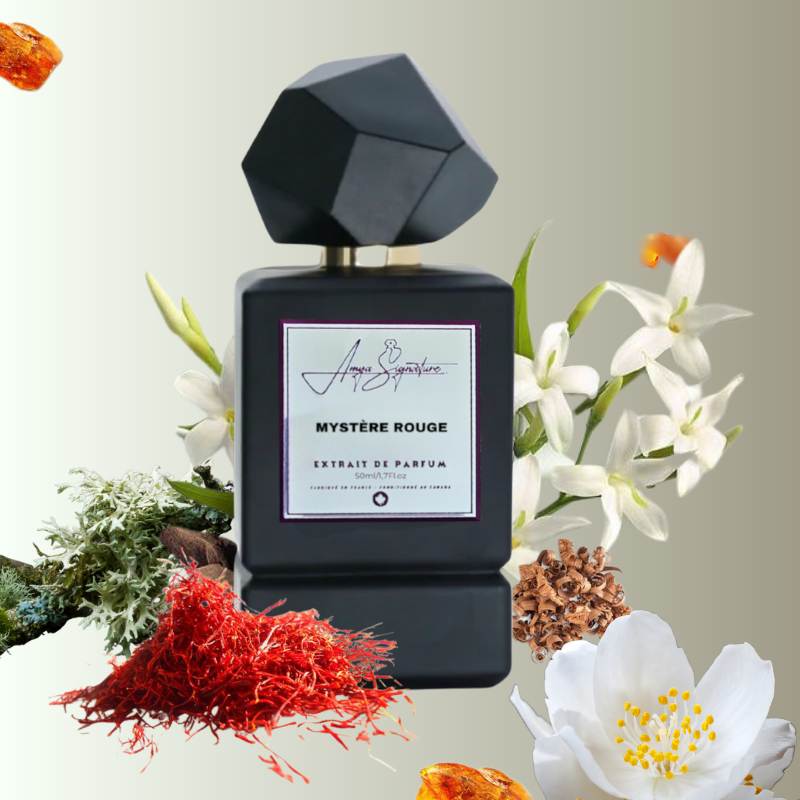 MYSTÈRE ROUGE extrait de parfum fragrance bottle showcasing top, middle, and base notes – saffron, caramel, amber, and oakmoss
