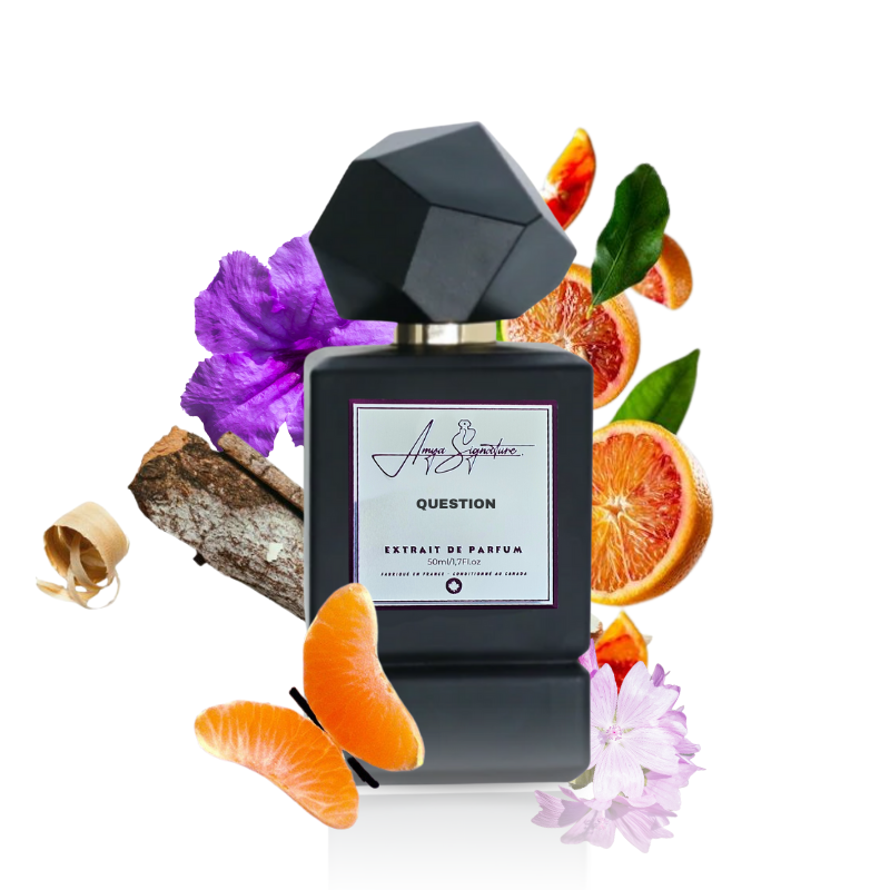 QUESTION fragrance bottle displayed with fragrances notes and acords including citrus fruits, cedarwood, and incense