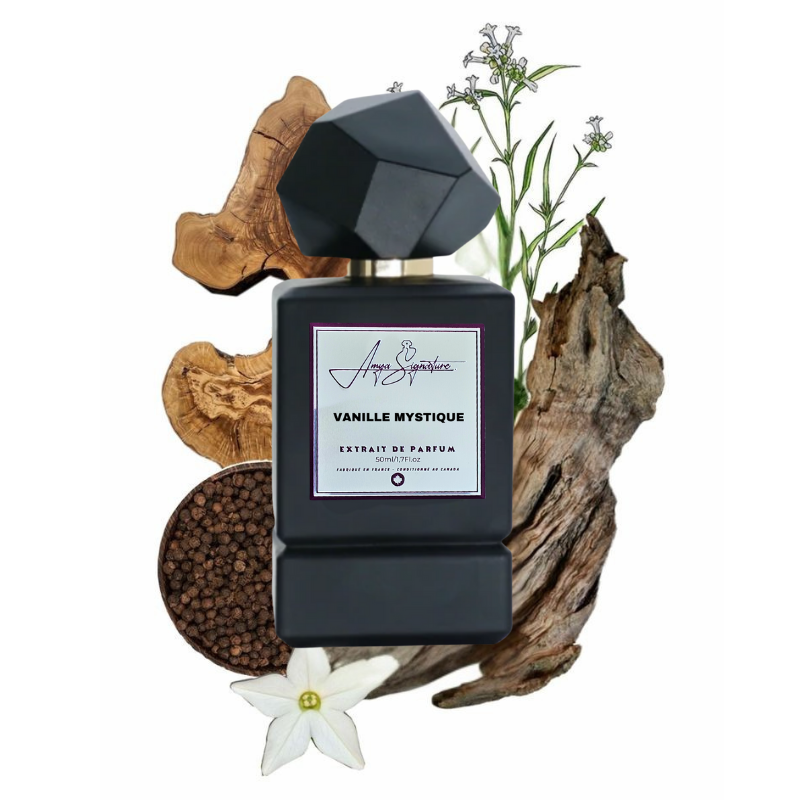 Vanille Mystique extrait de parfum bottle displayed with vanilla, cinnamon, tobacco, and tonka beans.
